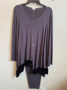 Long Sleeve Button Front Knit Tunic with Velvet Offset Hem, Matching Pants